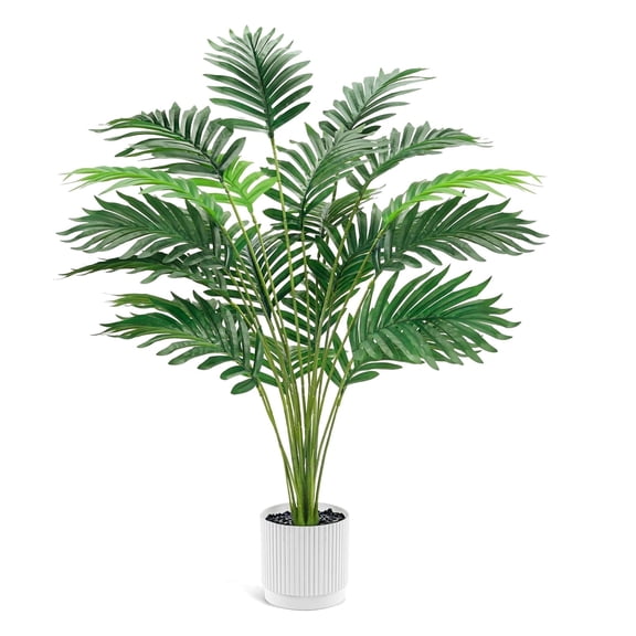 Miracliy 1 Pcs Artificial Areca Palm Plant, White Pot with Black Pebbles for Indoor Floor Decor
