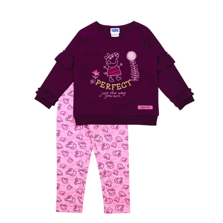 Peppa Pig Long Sleeve Ruffle French Terry Top and Printed Leggings, 2pc Outfit Set (Toddler Girls)