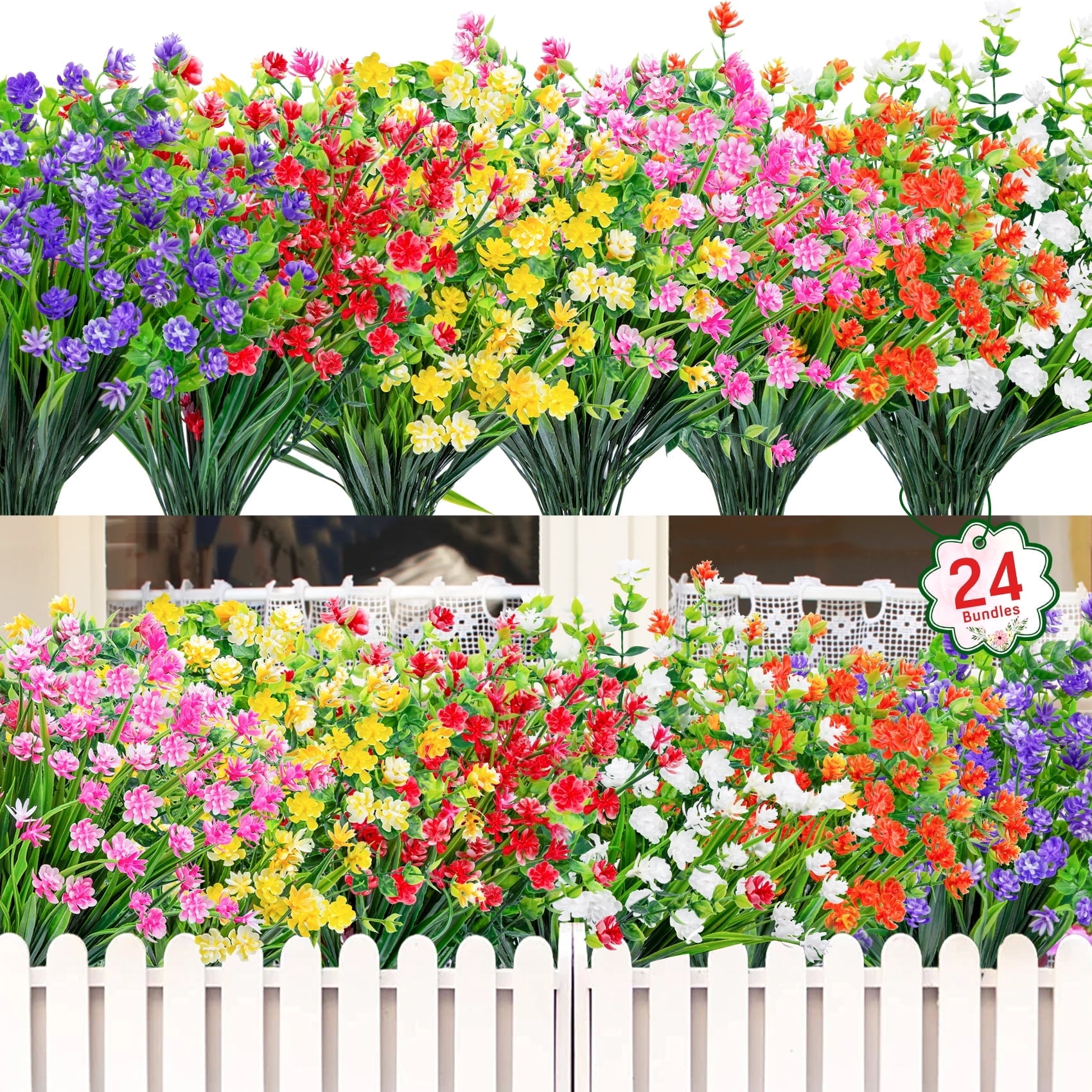 Scidweet 24 Bundles Artificial Flowers Outdoor, Faux Fake Plastic Floral Plants Spring Summer Decoration for Outside Home Patio Garden Decor, Multicolor
