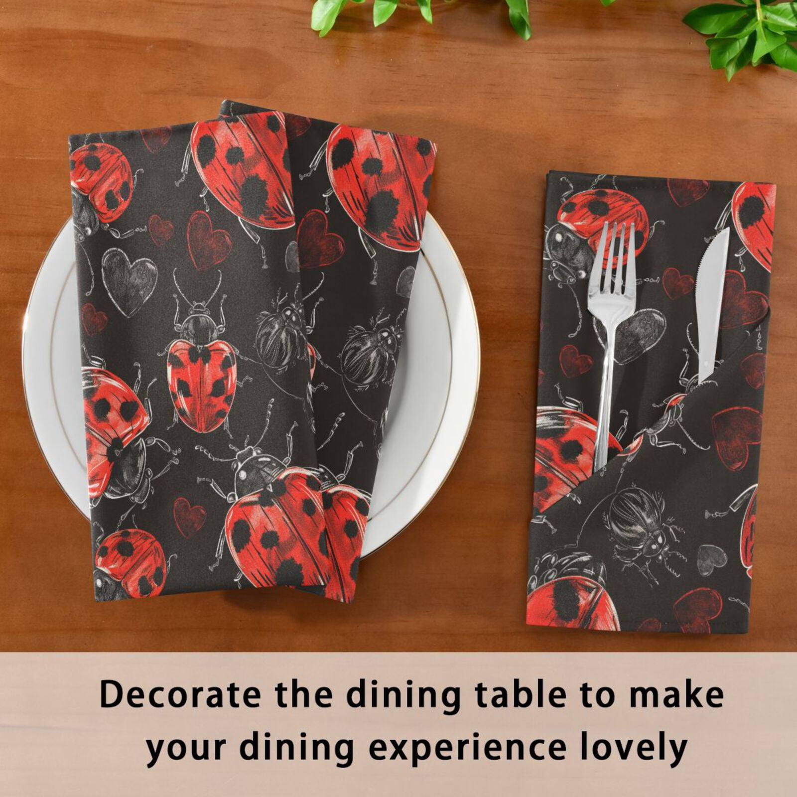 JSTEL Lady Bug Hearts Cloth Napkins Set of 6, 20x20 Inch Washable and Reusable Napkin for Decoupage Dinner Party Everyday Use