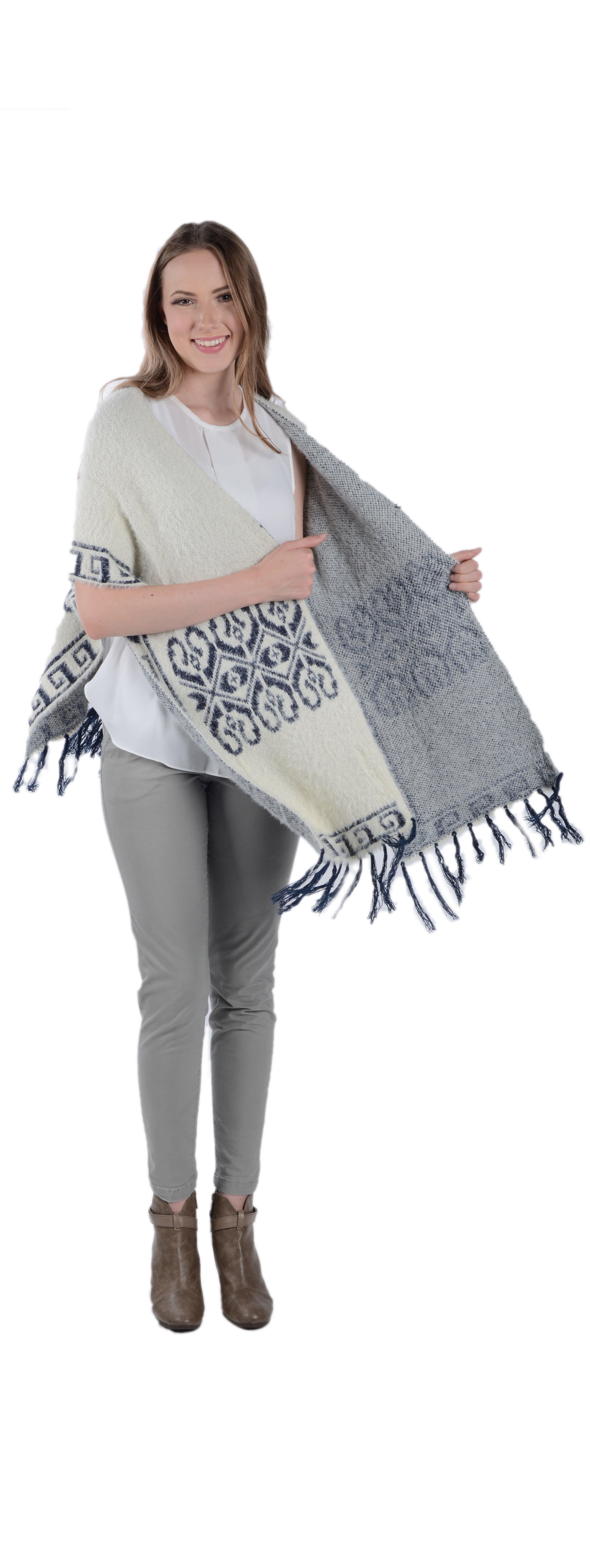 Women's Winter Knit Mayan Pattern Fringe Knit Poncho