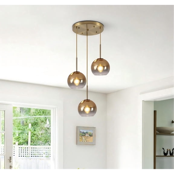 Industrial Vintage Glass Ball Pendant Light, 3-Light Brass Pendant Lighting Fixture, Base Hanging Ceiling Light for Living Room