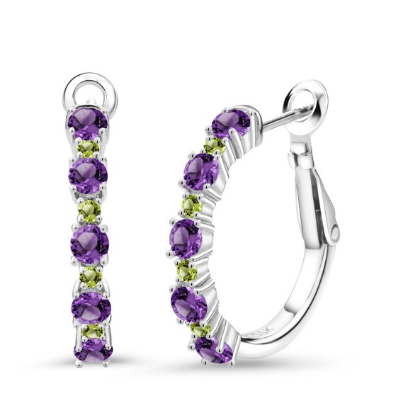 Gem Stone King 925 Sterling Silver Women Hoop Earrings Purple Amethyst Green Peridot (1.40 Cttw, Round Cut, 3/7 inch Diameter)