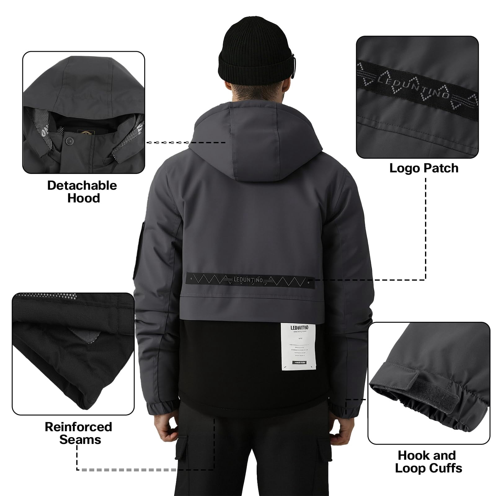 LEDUNTINO Men's Winter Jacket With Hood Water-Resistant Casual Coat Composite Fleece-Lined Outdoor Apparel For Cold Weather