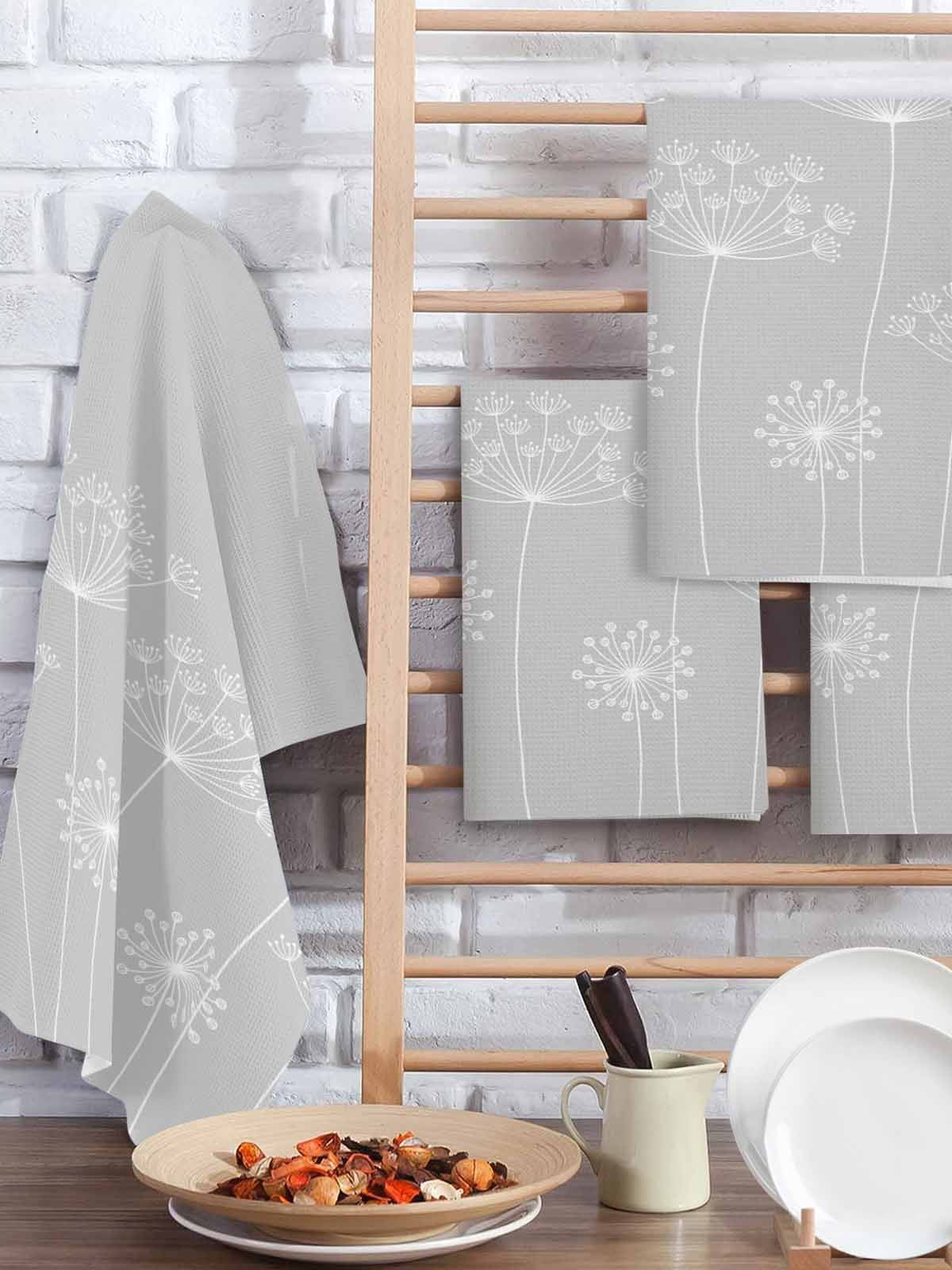 Grey Dandelion Kitchen Dish Towels for Drying Dishes Set of 3, Spring Modern Minimalist Country Flower Waffle Weave Microfiber Hand Tea Bathroom Towels Quick Dry & Absorbent Towel 15.7x23.6