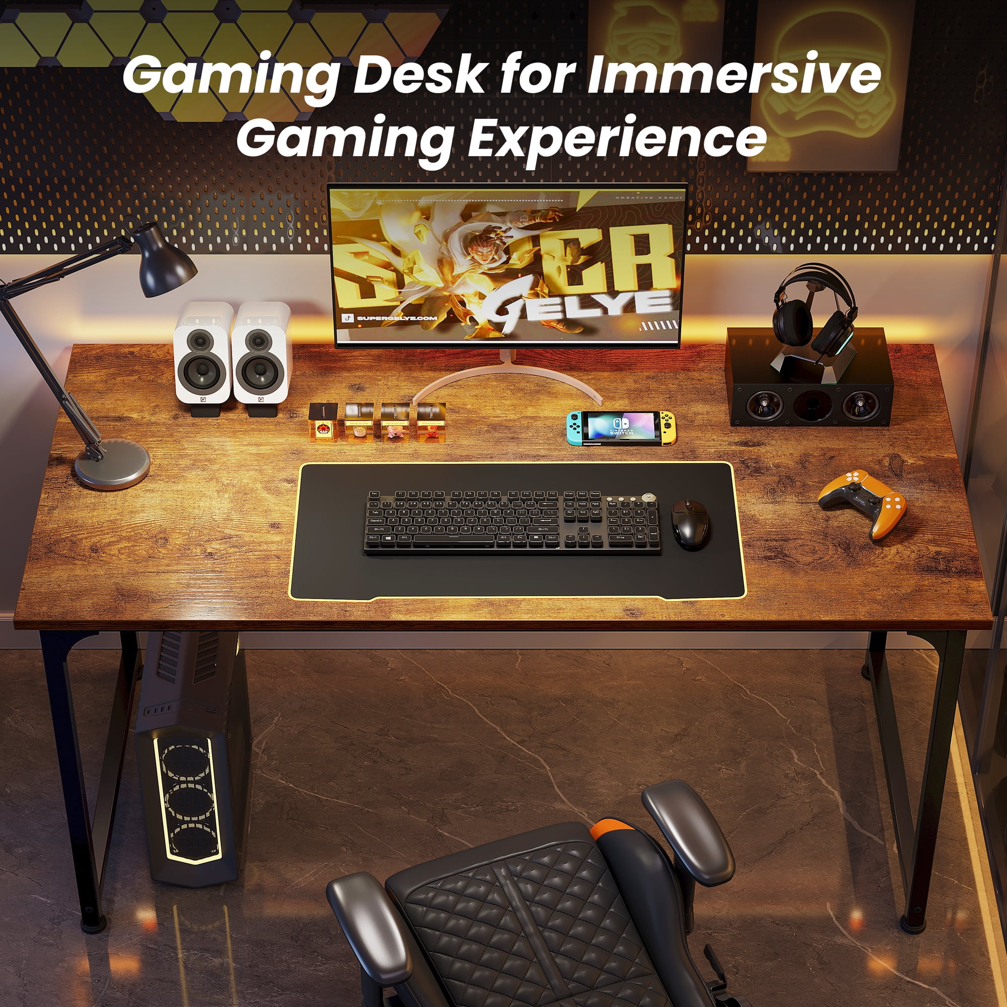 Escritorio de Computadora de 54", Escritorio Moderno para Oficina, Estudio y Gamer con Almacenamiento, Amplio Espacio para las Piernas, Estructura de Metal Resistente