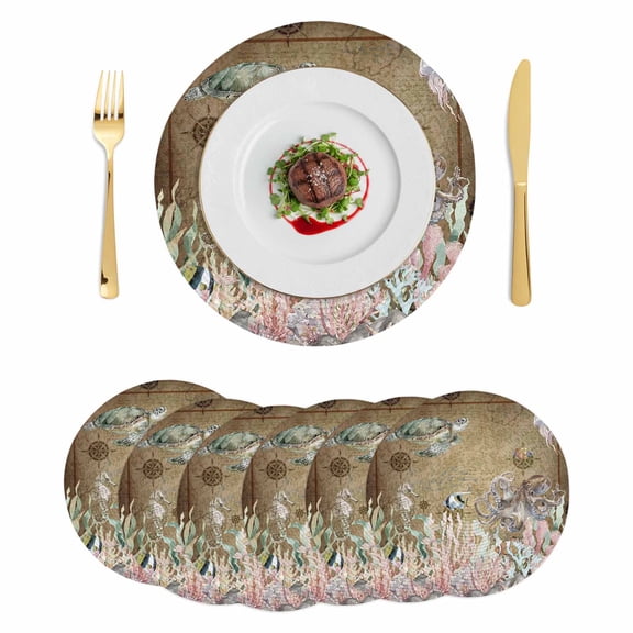 Brown Turtle Coastal Round 13 Inch Placemats Set of 6, Vintage Nautical Summer Beach Coral Octopus HeatResistant Non Slip Place Mats for Dining Table, Wipeable Kitchen Table Mats for Housewarming