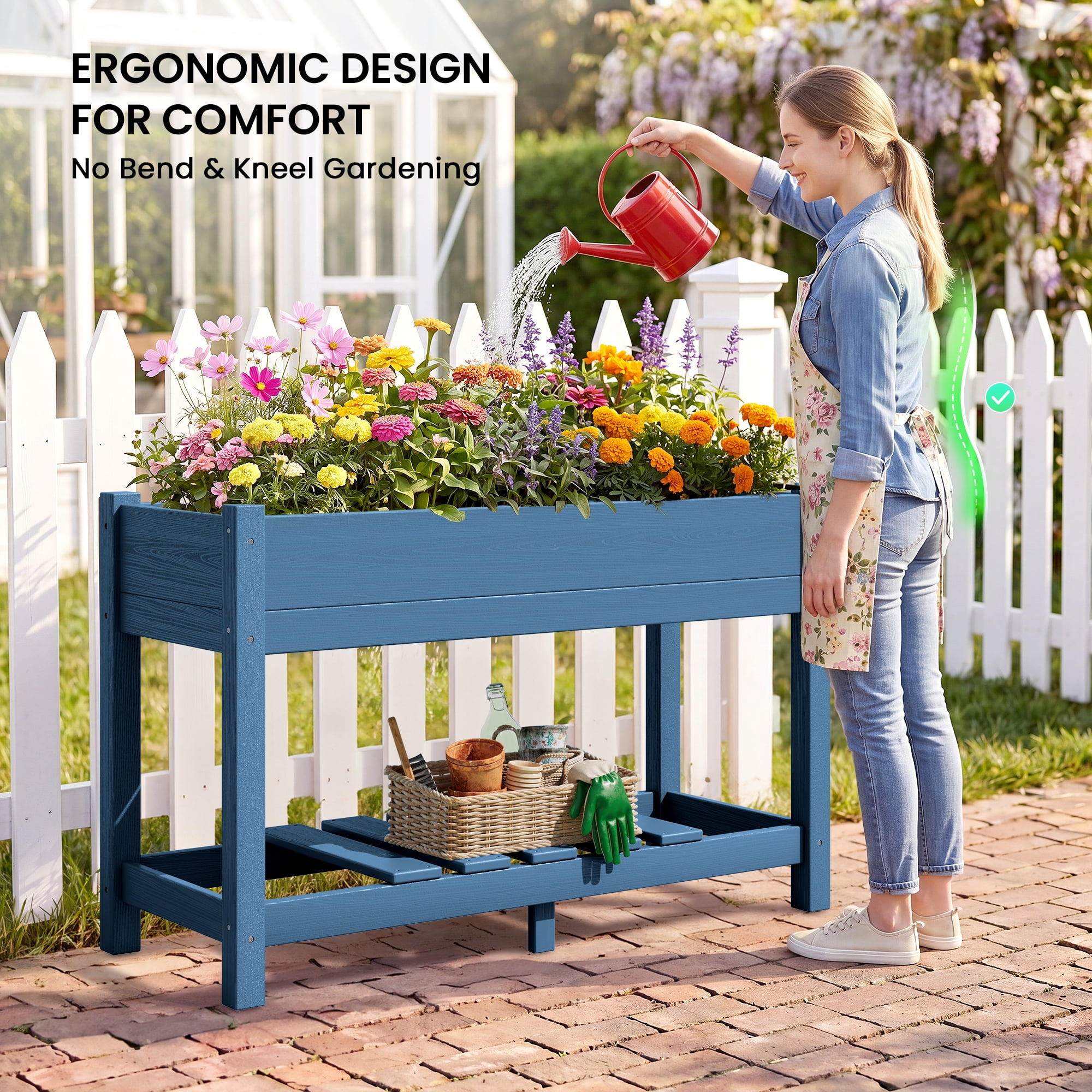 SERWALL HDPE Raised Garden Bed with Legs, 43"x16"x30" Elevated Planter Box, Outdoor Planter for Vegetables Flowers, Blue