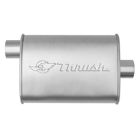 Dynomax Exhaust Muffler 17633 Hush Thrush; 9-3/4 Inch Length X 4-1/4 Inch Aluminized Steel Case; 2-1/2 Inch Offset Inlet; 2-1/2 Inch Center Outlet; 14 Inch Case Length/18-1/2 Inch Overall Length