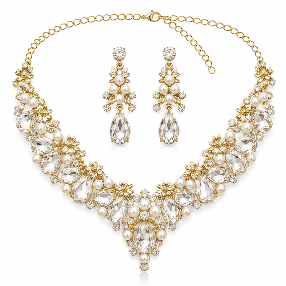 Exclusive Stephen Felix Joseph Collection Crystal Clear Color Statement Necklace and Earring set.