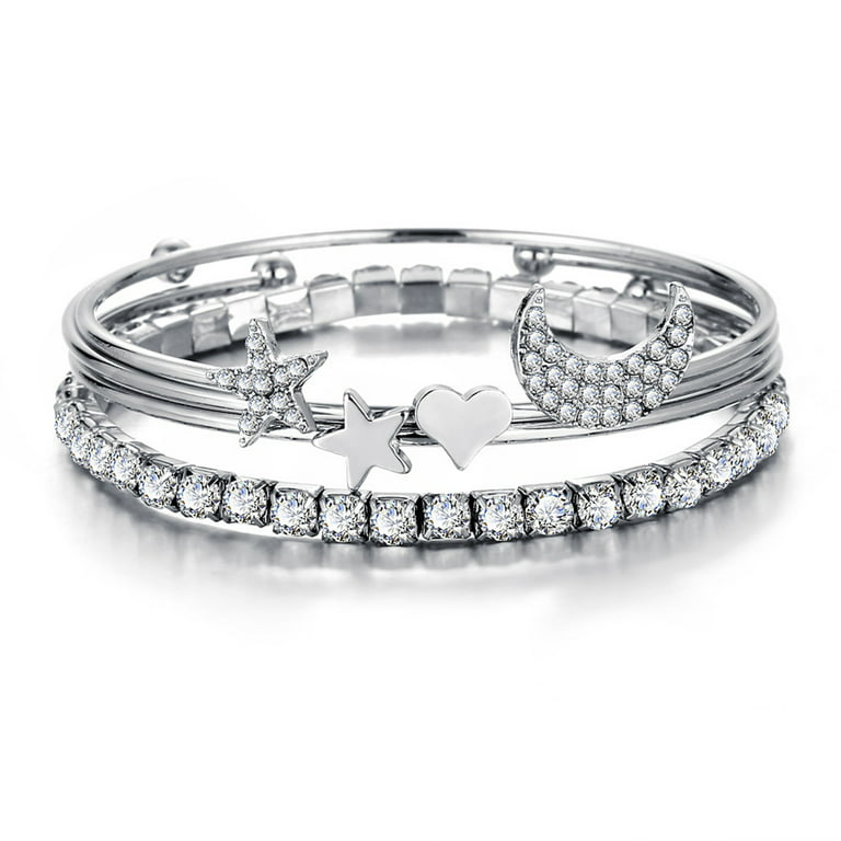 XIAQUJ A Set Fashion Diamond Star Moon Open Bracelet Jewelry Set Charm Bracelet Birthday Surprise Gift for Woman Girls Bracelets Silver, Adult Unisex