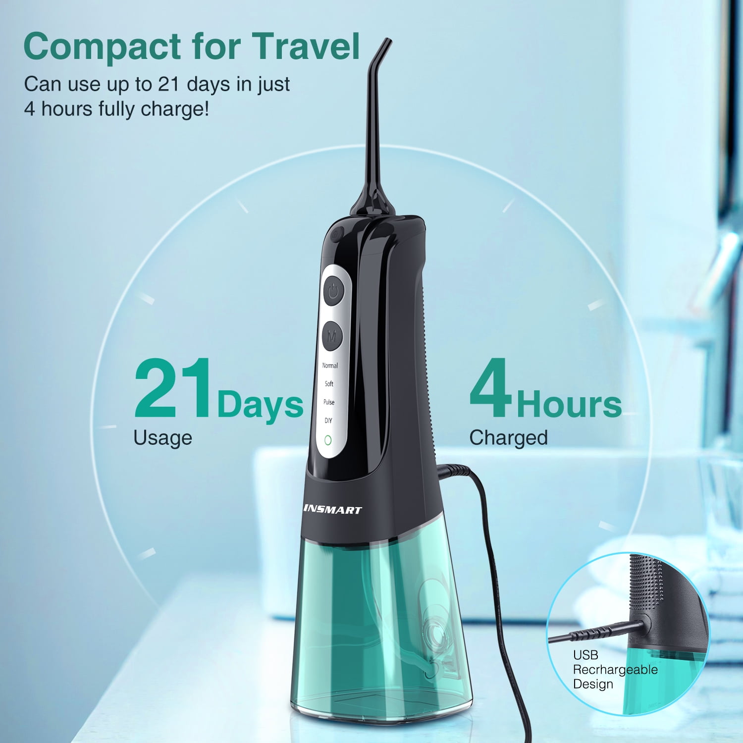 INSMART 300ML Cordless Water Flosser Dental Teeth Cleaner，Portable Oral Irrigator, Electric Flossing Cleaner(6 Jet）