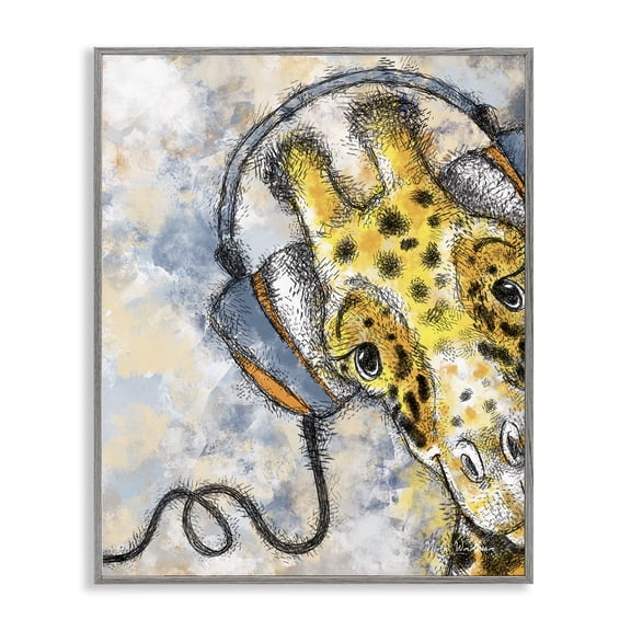 Stupell Industries Contemporary Giraffe with Headphones Gray Framed Giclee Art, 16 x 20, by Nidhi Wadhwa