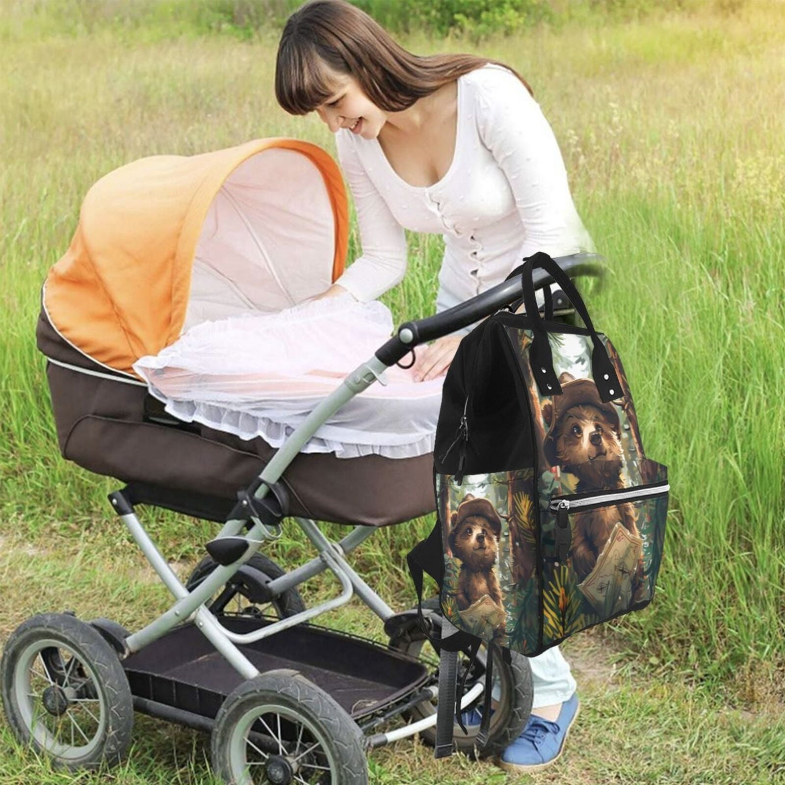 Fuzoiu Jungle Hat Bear Print Diaper Bag Backpack,Baby Essentials Travel Tote,Multi function Waterproof Diaper Bag, Travel Essentials Baby Bag - Unisex