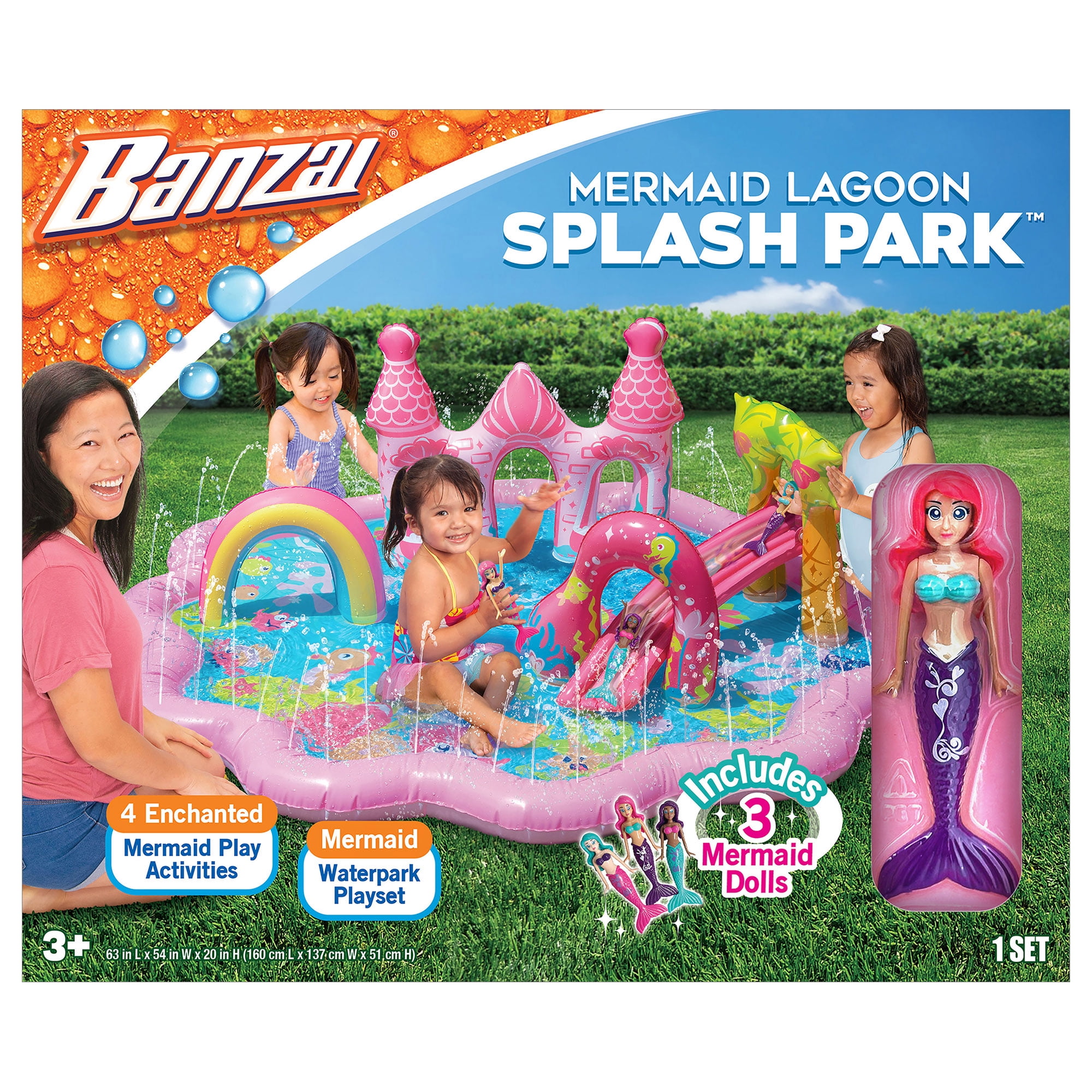 Banzai Mermaid Lagoon Inflatable Splash Park with 3 Mermaid Dolls for Ages 3+