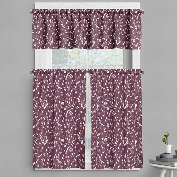 Ambesonne Autumn Valance & Curtain, Dotted Lines Abstract Leaves, 55"x45", Eggplant Grey Pink White