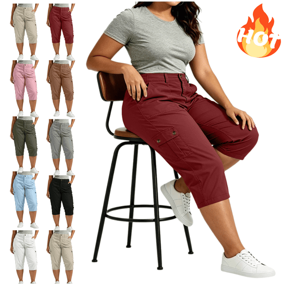 Mifsaly Plus Size Womens Cargo Capris with Multi Pockets Knee Length Lightweight Hiking Capri Pants Relaxed Fit Utility Summer Outdoor Casual Clothes Red,XXXL