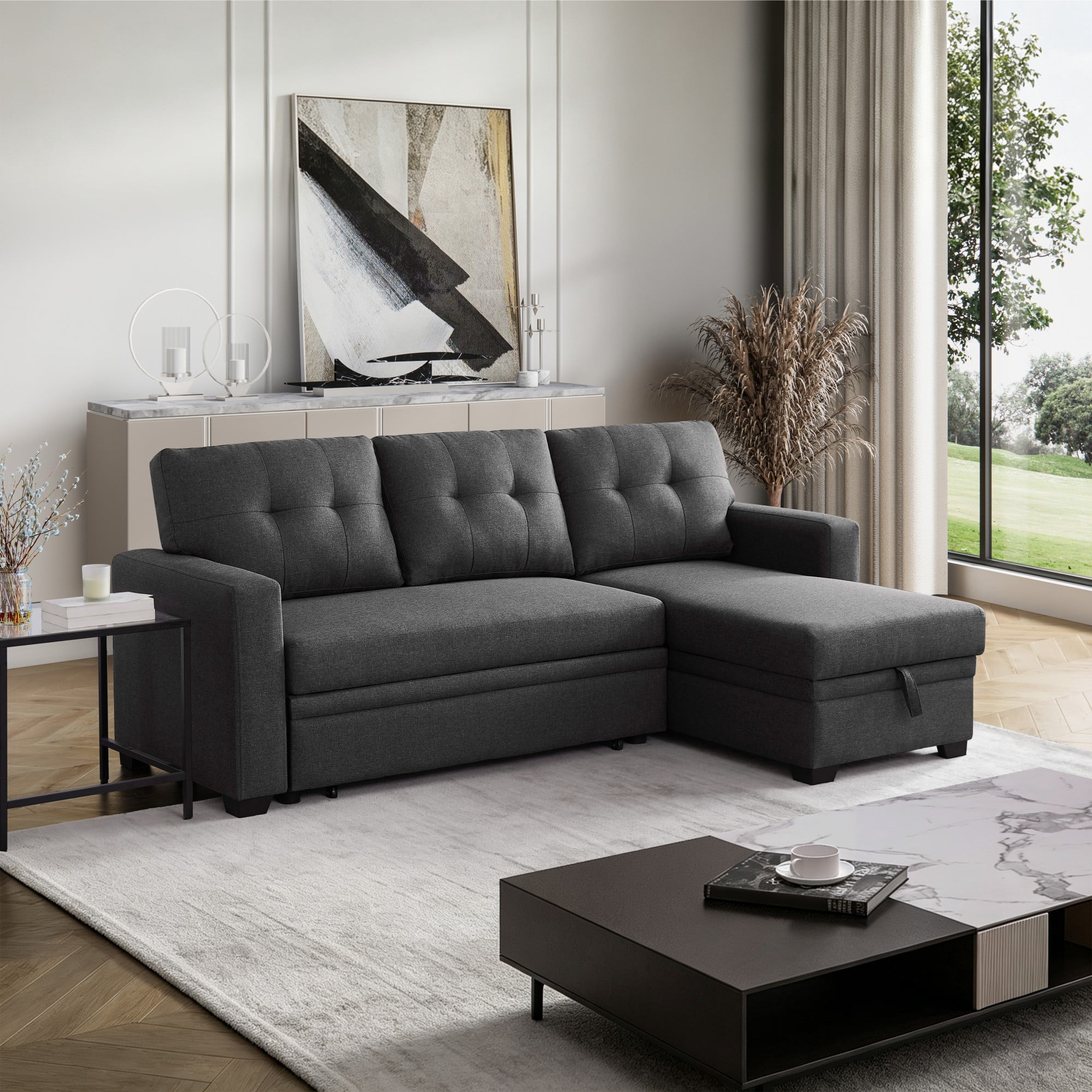 BSHTI 82" 3-Seat Linen Pull Out Sectional Sleeper Sofa with Storage Chaise, Removable Back Cushions for Living Room（Dark Gray）