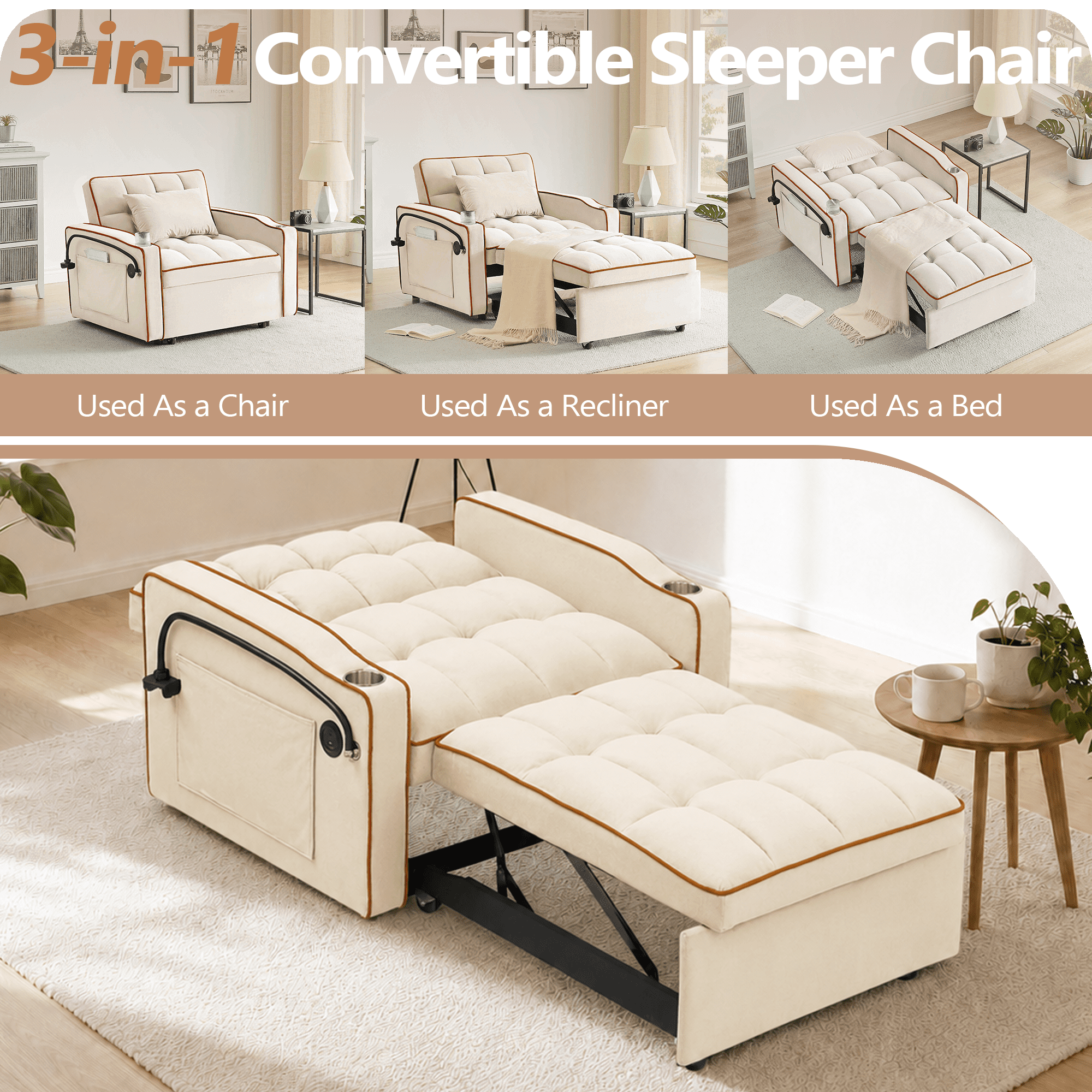 FFH Recliner Chair, Convertible Sofa Bed with Adjustable Backrest, Charging Ports, Cup Holders and Swivel Phone Stand, Beige
