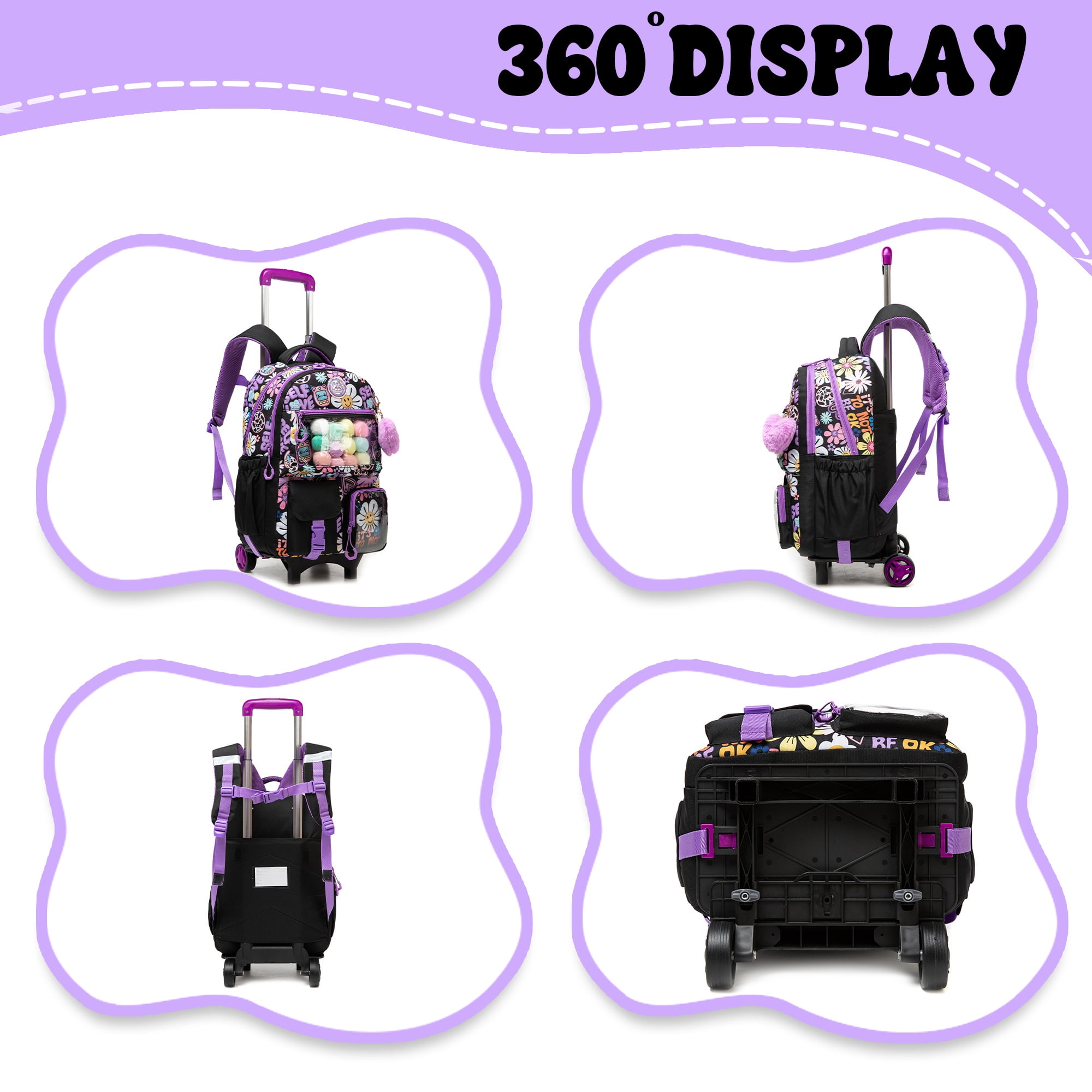 Rolling Backpack for Girls with Wheels School Bookbag with Lunch Box Pencil Case for Elementary Students Carry on Luggage Ages 8-10