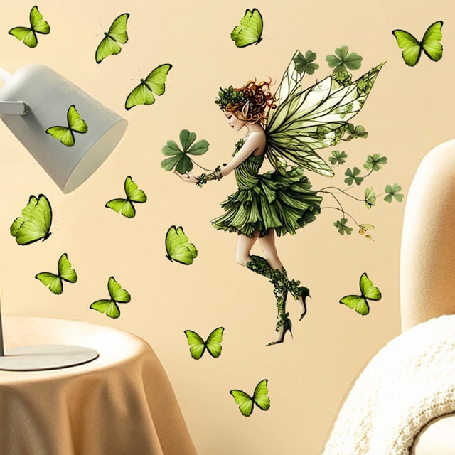 Adhesivos de pared de PVC con forma de mariposa verde y hada, 29,5 x 29,5 cm