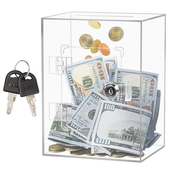 Clear Acrylic Piggy Bank with Lock and Key for Kids Adults, Openable Money Saving Box for Cash Coins Real Money (Clear)