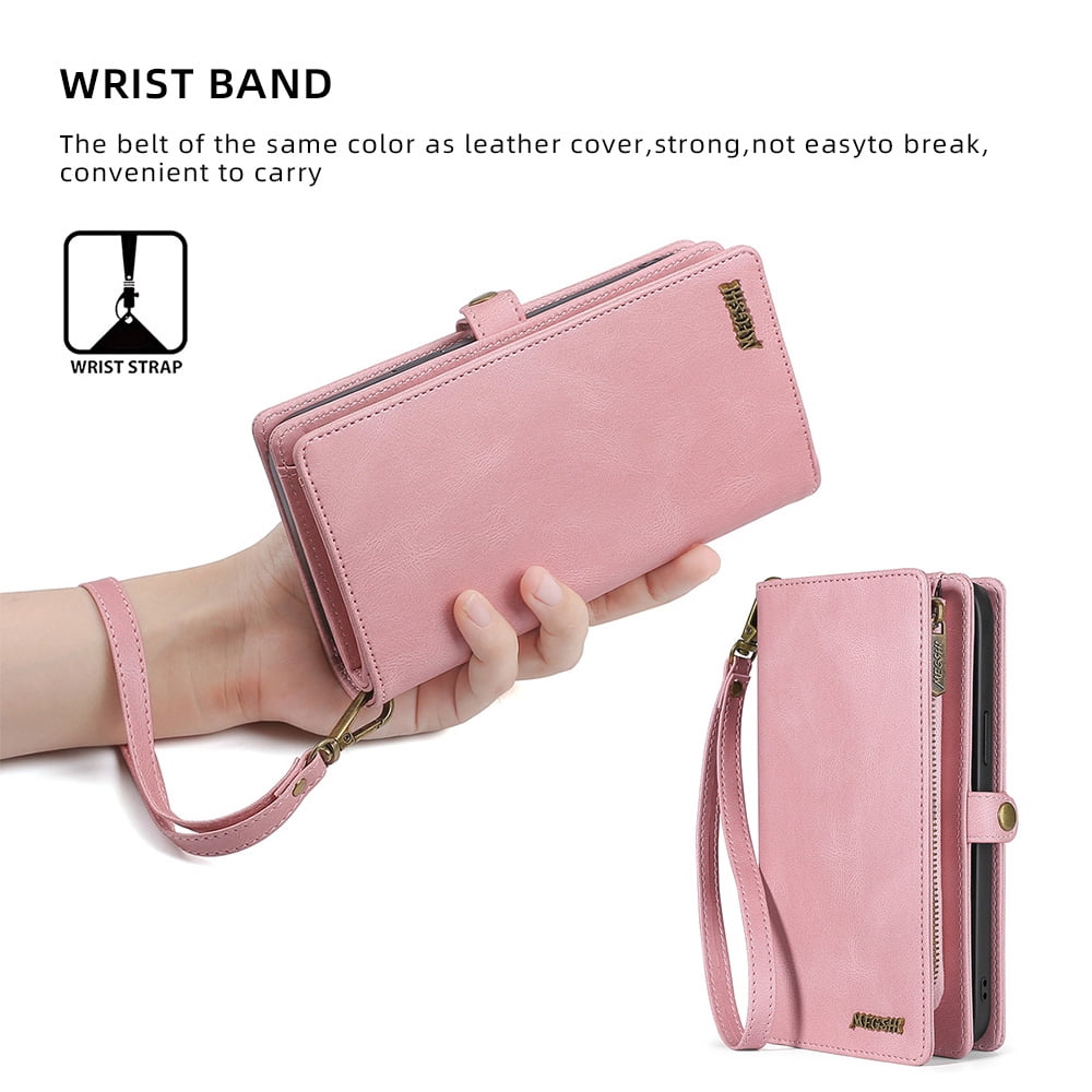 Allytech Case for Samsung S22 Cover for Galaxy S22 2022(6.1"), Durable PU Leather Magnetic Flip Lanyard Wristlet Strap Zipper Card Holder Phone Wallet Case for Galaxy S22 [5G], Pink