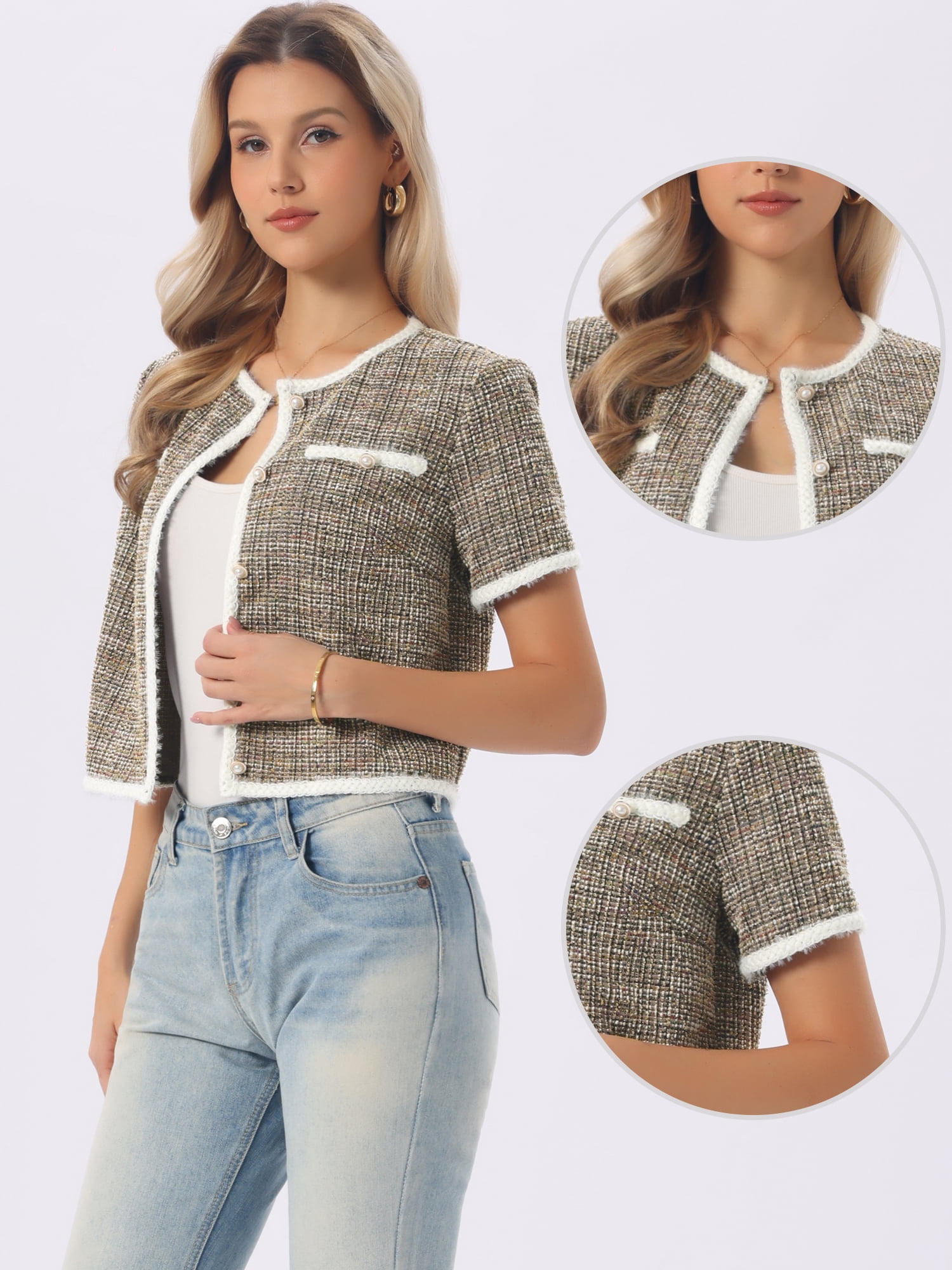 DARING DIVA Women's Short Sleeve Tweed Jacket Crew Neck Button Front Cropped Cardigan M Khaki Black