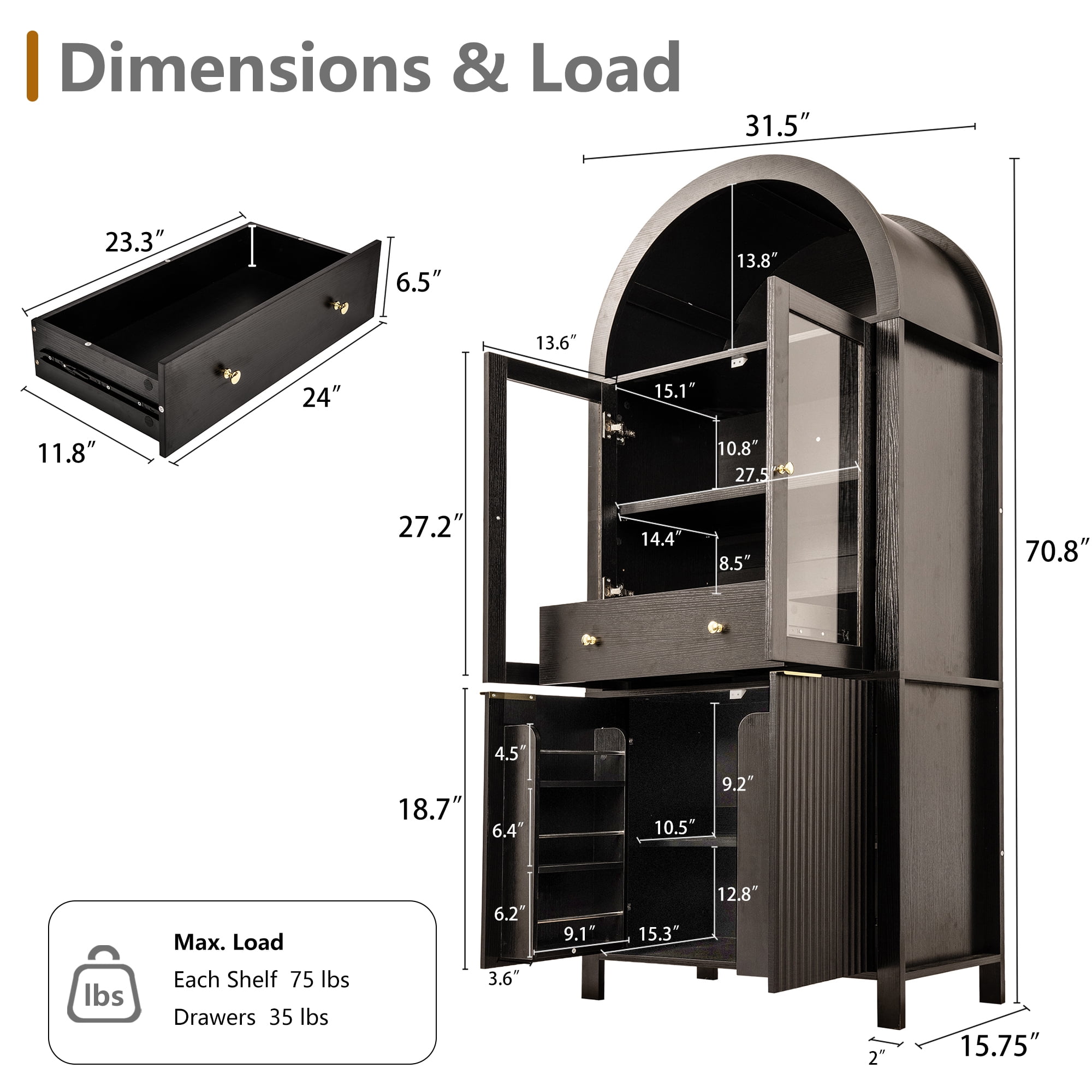 Mintazer 71" Fluted Tall Arched Kitchen Pantry Cabinet with Adjustable Shelves, Freestanding Storage Cabinet with Glass Doors & Drawer for Kitchen Living Room Dining Room, Black
