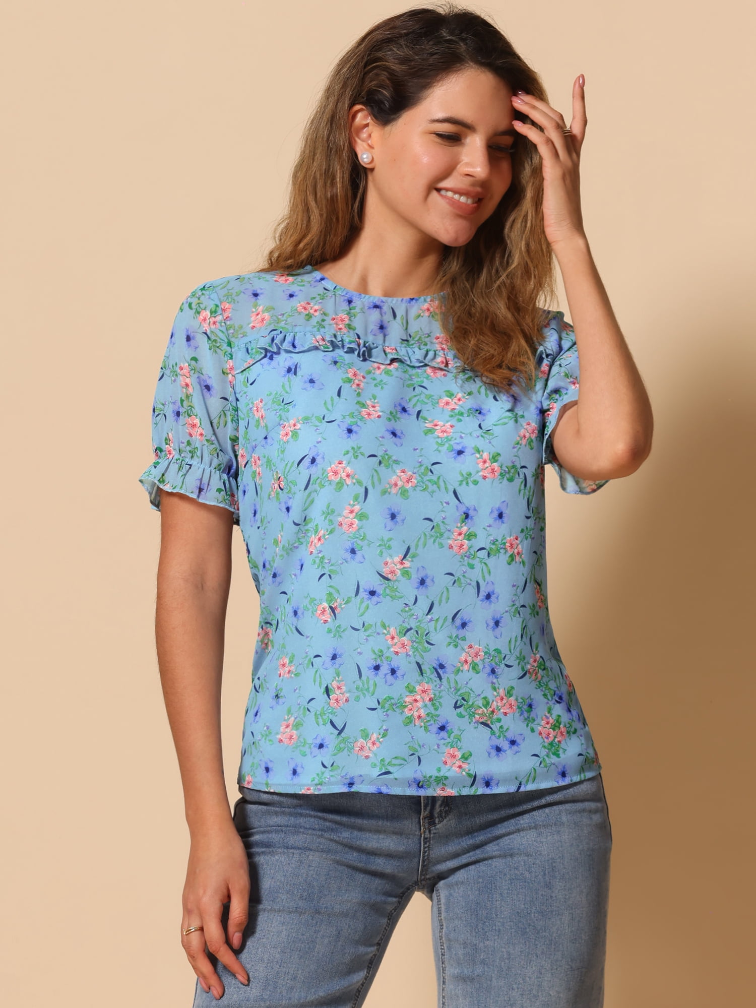 DARING DIVA Short Sleeve Ruffled Trim Floral Blouse XS Sky Blue