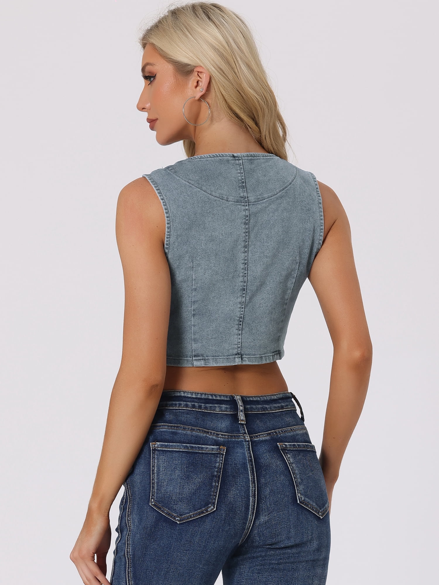DARING DIVA Women's Denim Button Up Jean Crop Racerback Vest Jacket XS Gray Blue