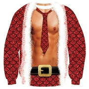 RAISEVERN Ugly Christmas Sweater for Men Women Funny Xmas Man Muscle Sweatshirt Holiday Festive Long Sleeve Winter Fake 2 Pieces Tie Belt Pullover Top