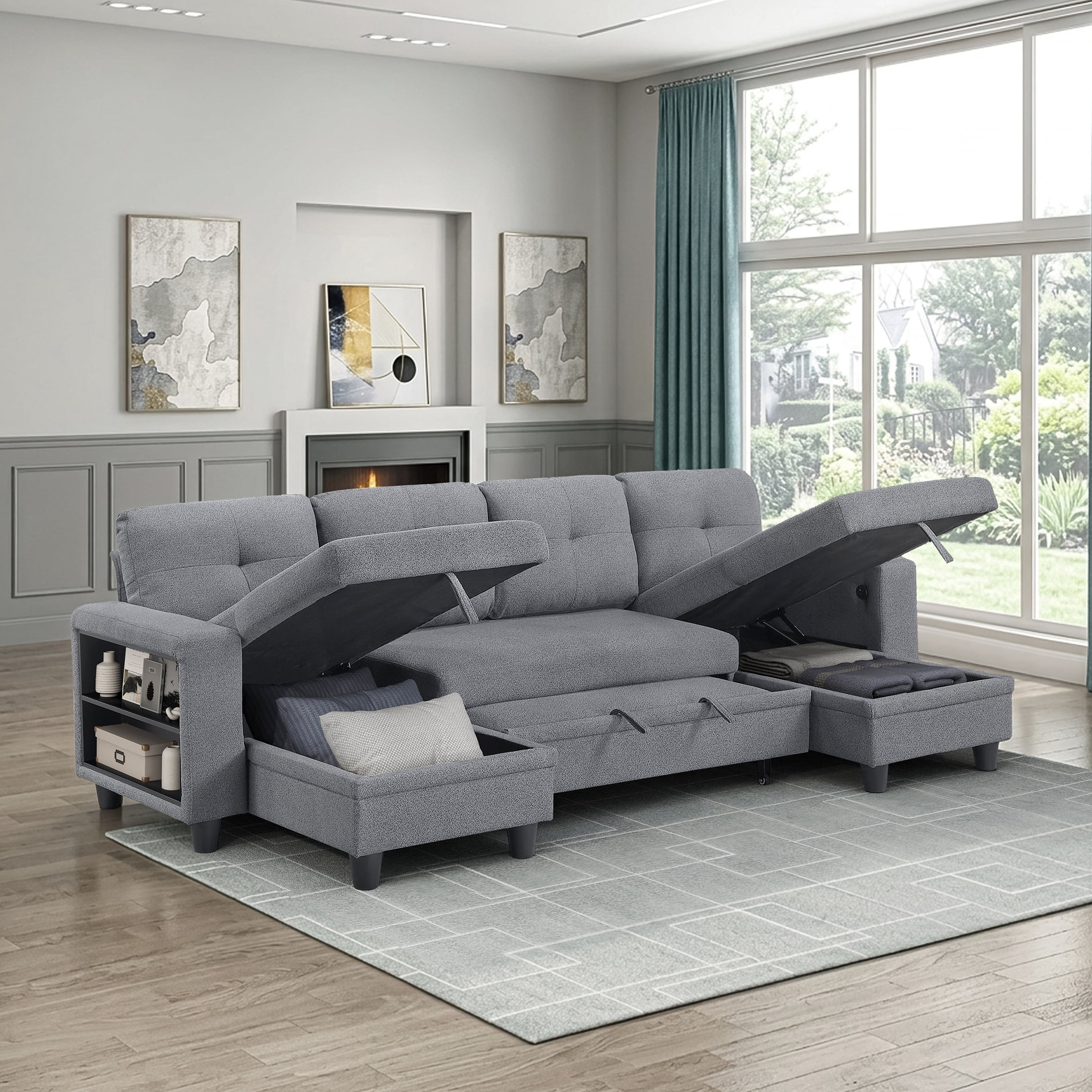 OakvillePark Vessarion Boucle Sectional with Two Chaises, Pull-out Bed, Shelves and Charging Ports, Gray