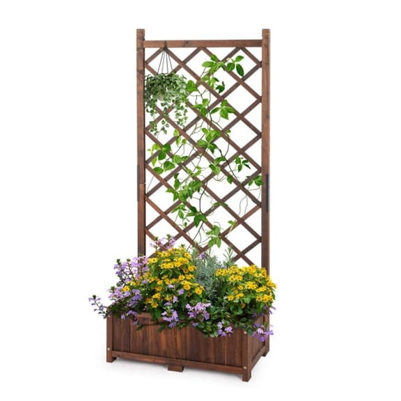 Wood Planter with Trellis, 67" Raised Garden Bed Outdoor Flower Planter Box