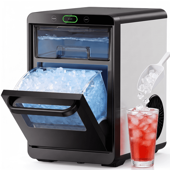 Philergo Nugget Ice Maker Countertop,44lbs/24h Crushed/Pebble Ice Machine, Front Pull-Out Water Tank, Removable Basket, Stainless Steel Finish for Home Kitchen