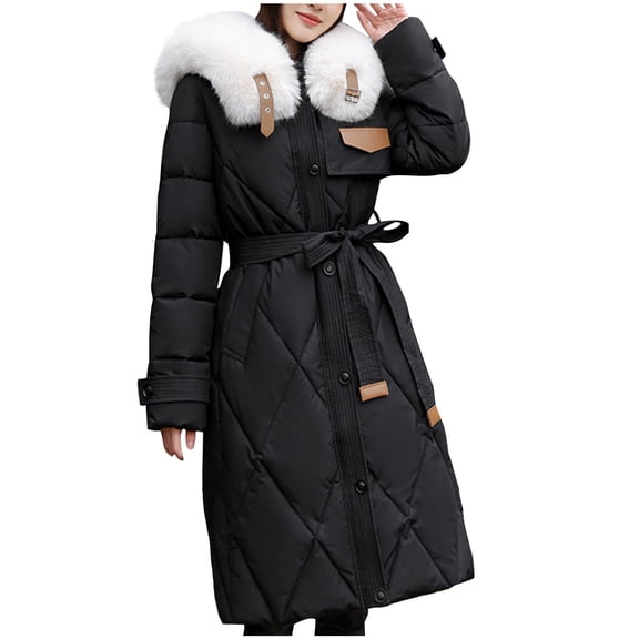 Women's Hooded Thickened Long Down Jacket Maxi Down Parka Puffer Coat Mid-length Slim-fitting Cotton Coats Thickened Hooded Large Collar Cotton Coats