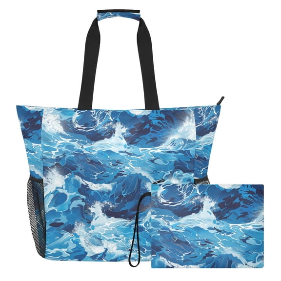 Sea Waves Beach Bag Travel Tote Bag Reusable Shopping Bag Gym Bag with Wet Pocket Waterproof