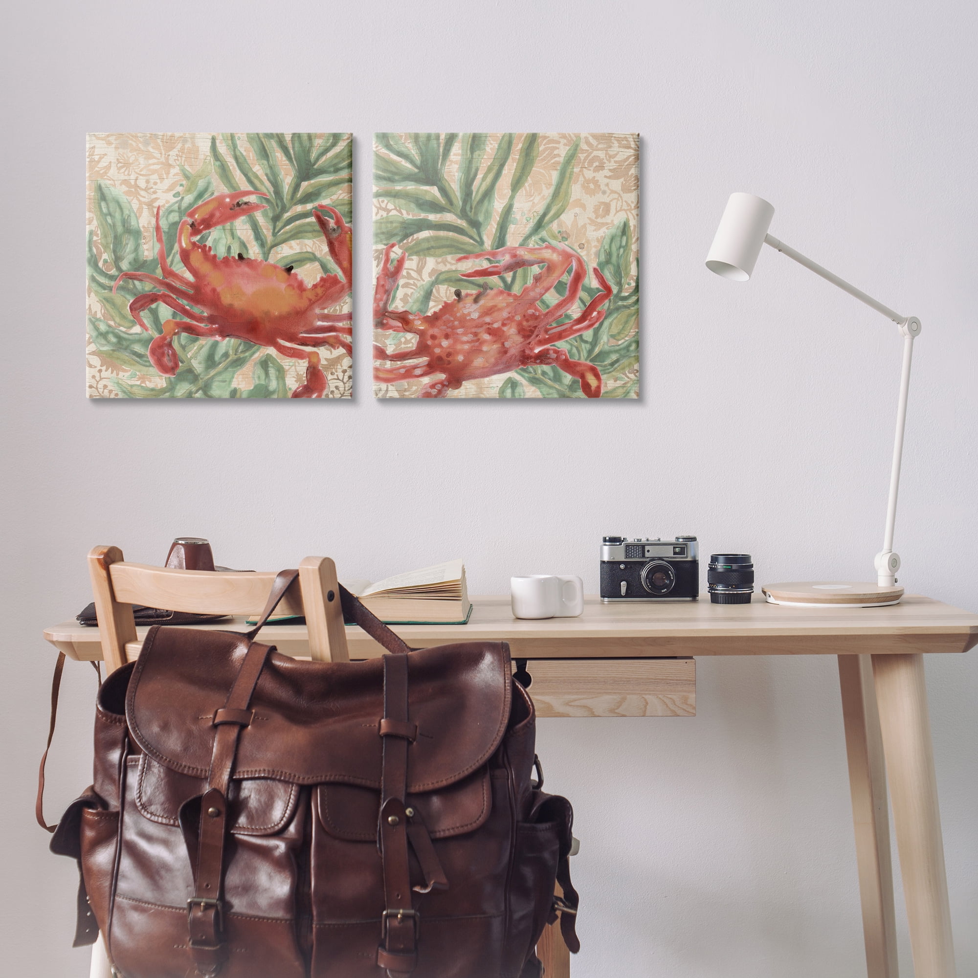 Stupell Industries Red Crab & Seaweed Animals Painting Wrapped Canvas Art Print Wall Art, 17 x 17, Set of 2