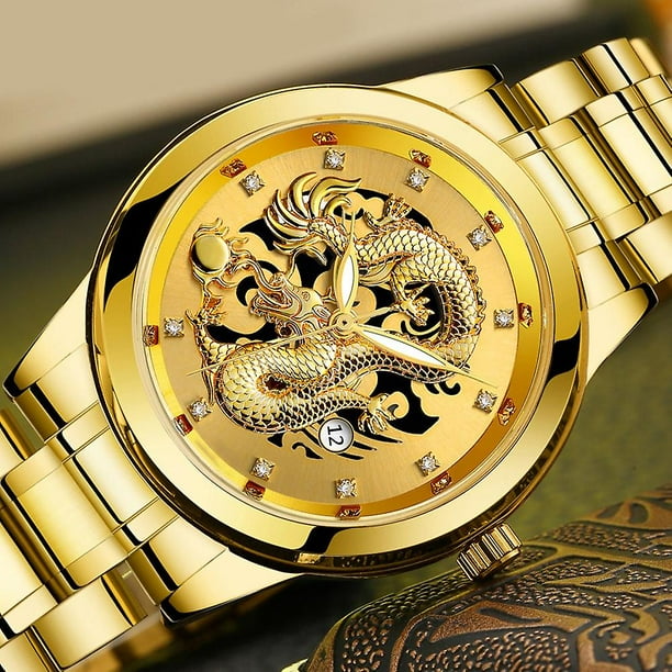 Reloj de cuarzo resistente al agua con escultura de dragon dorado para hombre reloj de pulsera de acero de lujo para hombre oso de fresa Hogar Walmart en linea