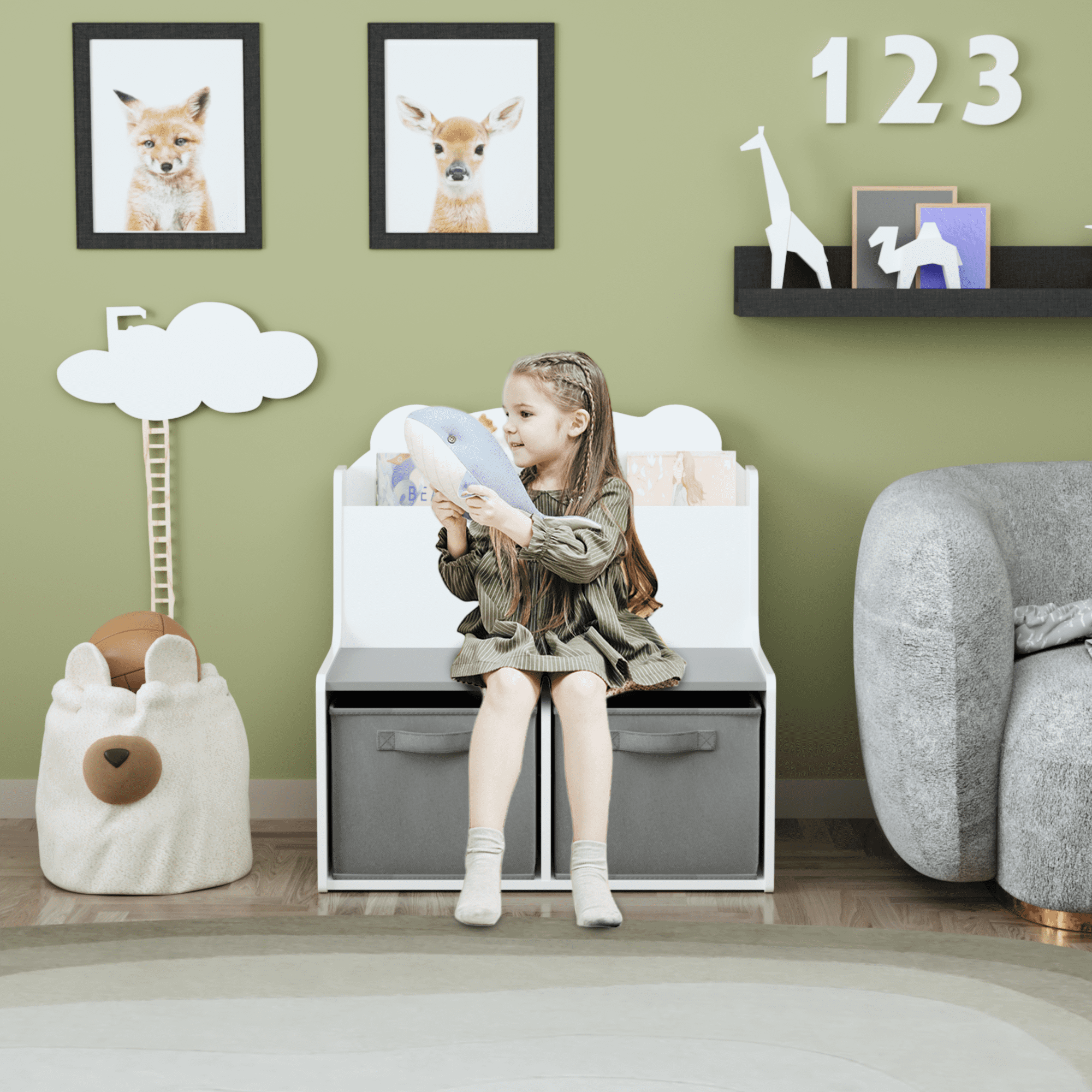 Kids Furniture Kids Bookshelf with Storage Bins – Wooden Bookcase with Book Display Shelf and 2 Fabric Bins, Cute Bear-Shaped Backboard, Toy Organizer for Toddlers and Children, White and Gray,Baby F