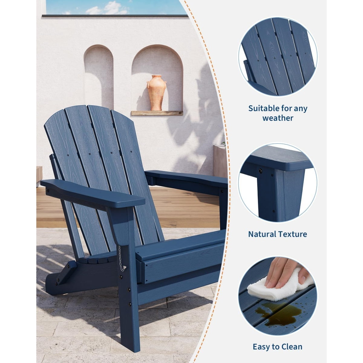 1PC Folding Adirondack Chair, HDPE Outdoor All-Weather Fire Pit Chairs, Outdoor Wooden Lounge Chair, Modern Lounger Adirondack Chairs Ergonomic Extended Backrest for Deck, Patio, Pool, Backyard