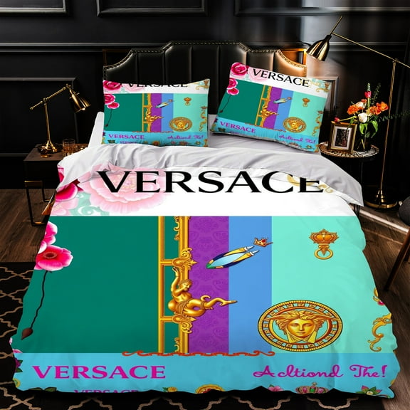 Luxurious 3-Piece Duvet Cover Set with Vibrant Floral Pattern - Pink Flowers & Green Leaves Gold Accents Bedding