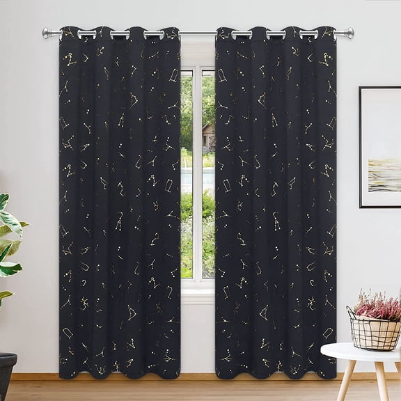 Alishomtll Black Blackout Curtains Grommet Gold Foil Window Drapes for Living Room Bedroom, 52x84 inch, 2 Panels