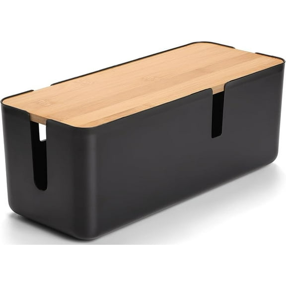 Cable Management Box with Bamboo Lid, White Cable Box Small Cord Hider Box Cord Organizer Box to Conceal Surge Protector, Desk/TV/Computer Wires, Power Strip Box Cord Management Box for Tidy Space