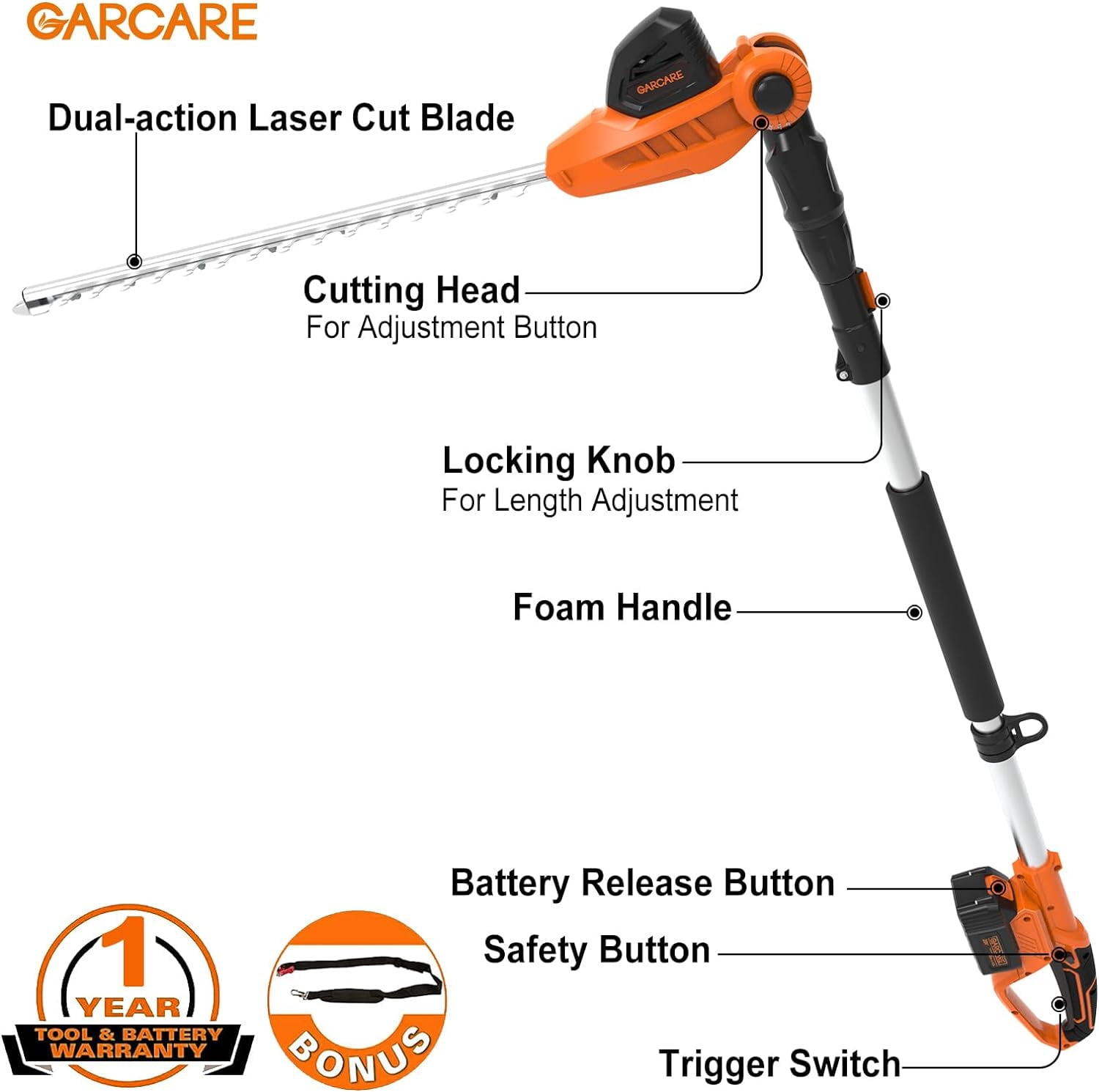 GARCARE Pole Hedge Trimmer Cordless with 20V 4.0Ah Li-Ion Battery & Quick Charger, 450mm Laser Cut Blade