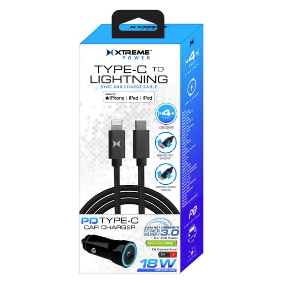 Xtreme 18W Type-C Car Charger and 4ft Type-C To Lightning Cable, Repower Devices, Black