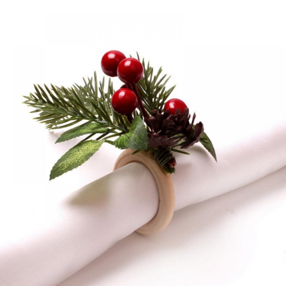 5 Pieces Christmas Napkin Rings Holder Pine Cones Berry Wooden Napkin