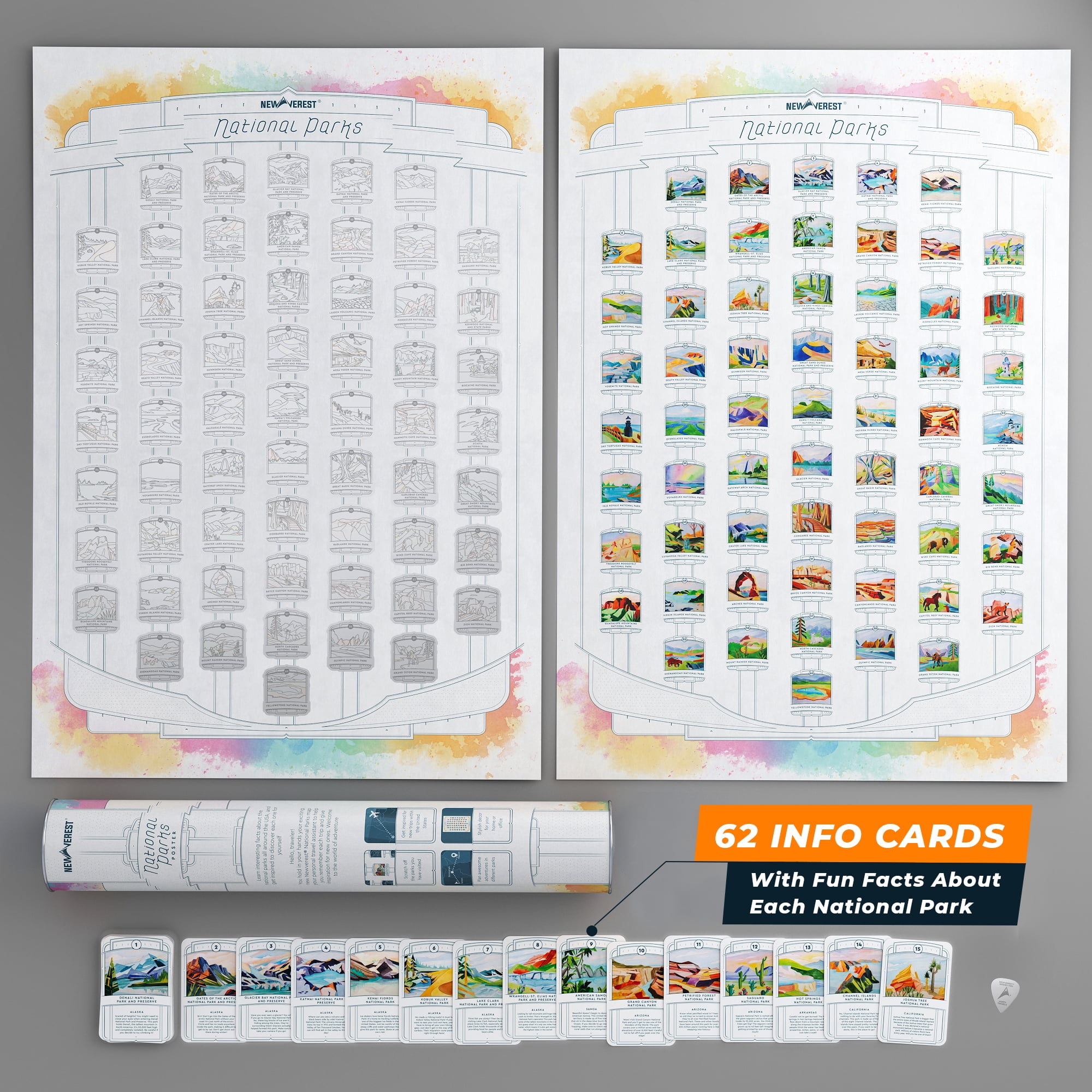 Fits 17 x 24 Inch Frames Microfiber Cloth and Gift Tube Detailed National Parks Map with Hand-Painted Images Scratch Tool Newverest US National Parks Scratch-off Poster Includes 62 Info Cards