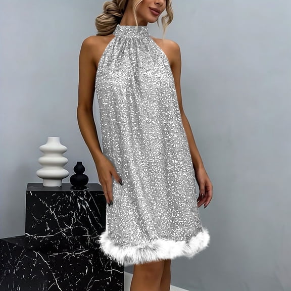 Elvqul Dresses for Women Sleeveless Womens Dresses Plus Size Solid Pullover Long Dresses Sequin Silver Trendy