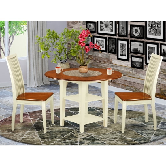 3 Piece Dinette Set - Round Table & 2 Chairs - Buttermilk Cherry Finish - Kitchen Dining Room Furniture